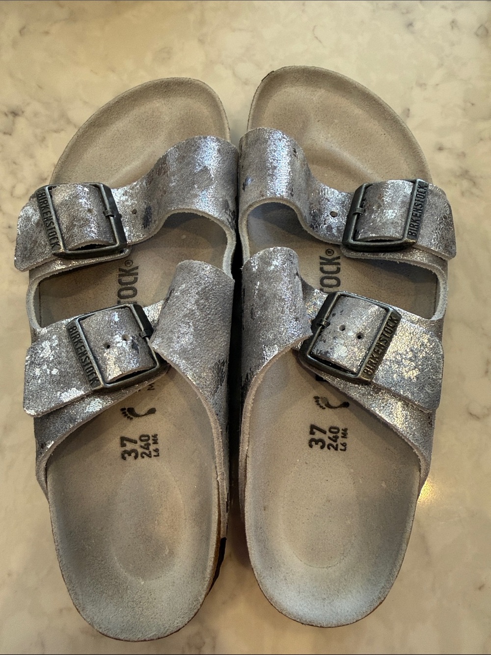 Birkenstock Silver Metallic Two-Strap Sandals